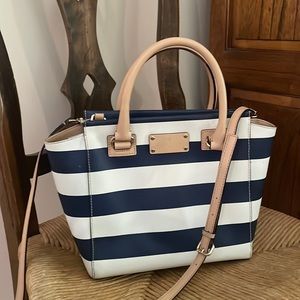 Kate Spade navy and white striped handbag.